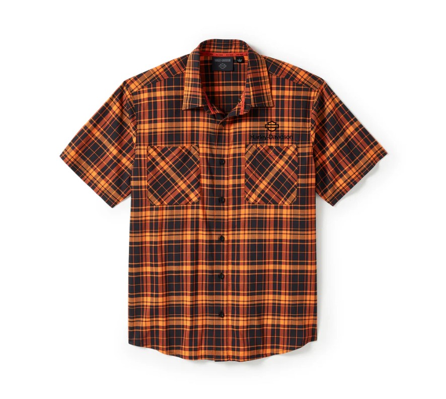 Men's TECH Coolmax Plaid Short Sleeve Shirt - Plaid - Black & Orange