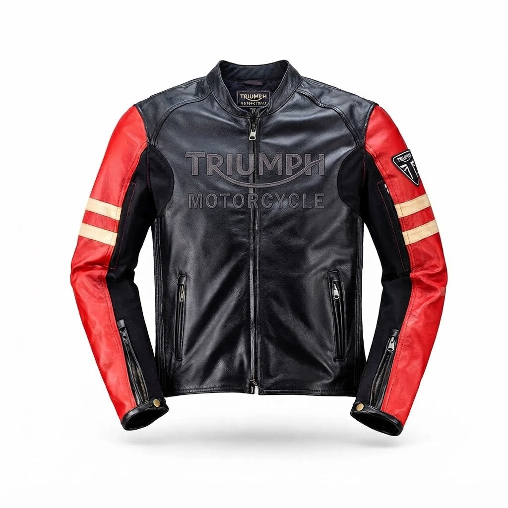 Men’s Triumph Motorcycle Café Racer Leather Jacket - Black & Red