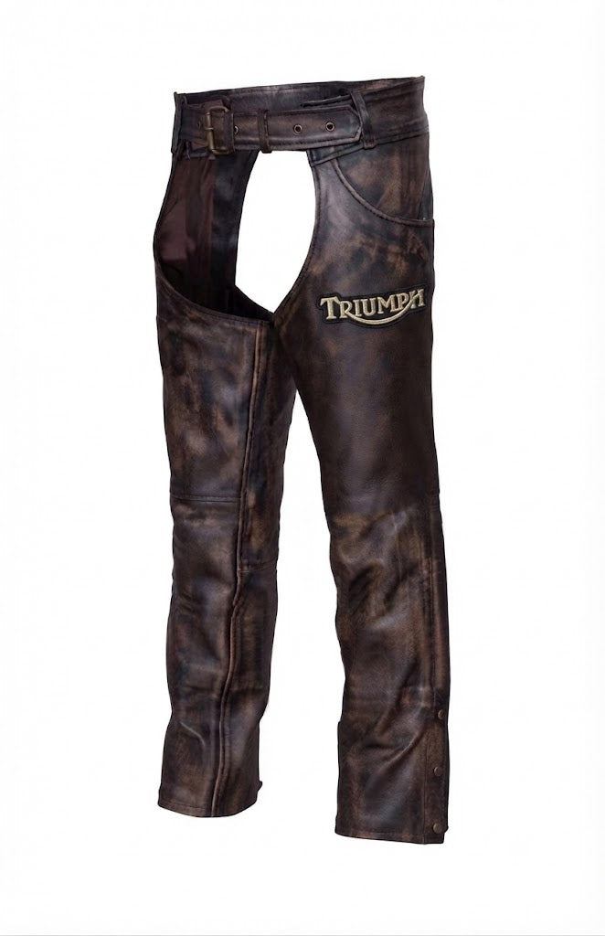 Triumph Motorcycle Men's Distressed Brown Leather Chap
