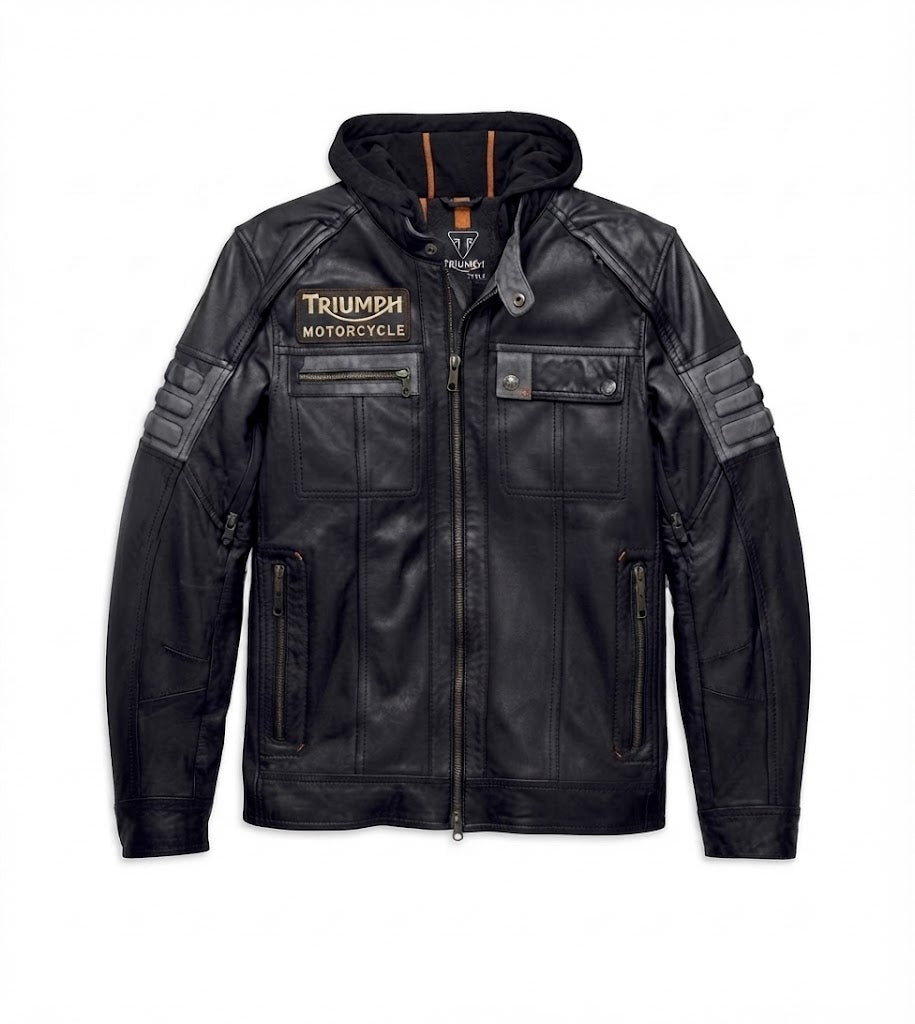Men’s Triumph Motorcycle Bridgeport Black Leather Jacket Hoodie 3 in 1