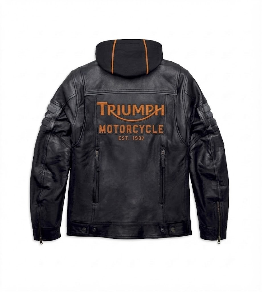 Men’s Triumph Motorcycle Bridgeport Black Leather Jacket Hoodie 3 in 1
